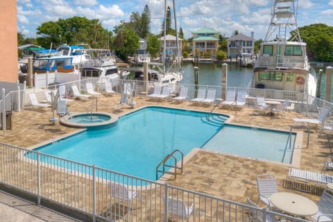 Waterfront view at the year round heated pool and hot tub!