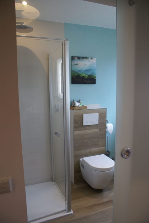 Shower, rainfall showerhead, free toiletries, hair dryer