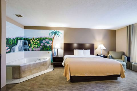1 King Bed, In-Room Whirlpool, Non Smoking | Desk, iron/ironing board, WiFi (free), bed sheets
