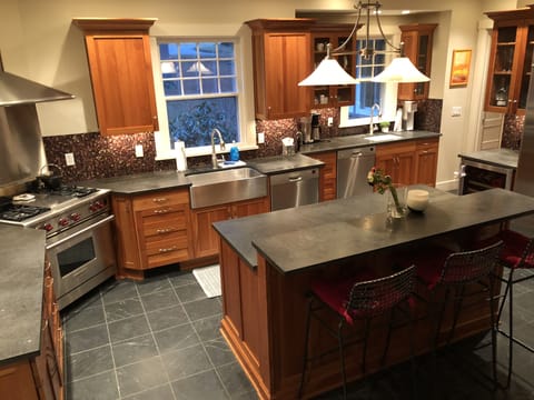 Lots of marble prep area for the chefs. Stone floors are heated in the winter.