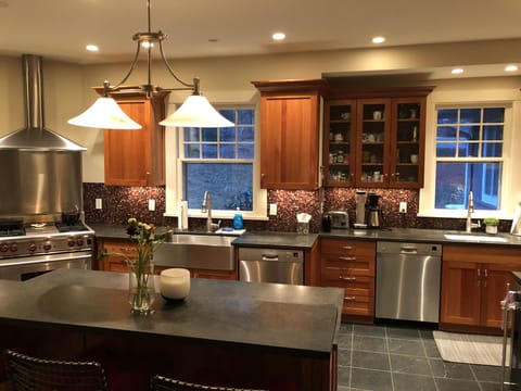 High quality stove, 2 bosch dishwashers, 2 deep sinks, large sub zero.