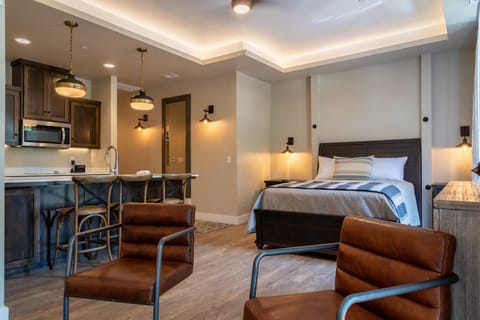 Bar seating and a tucked-away bed make this open studio feel efficient.