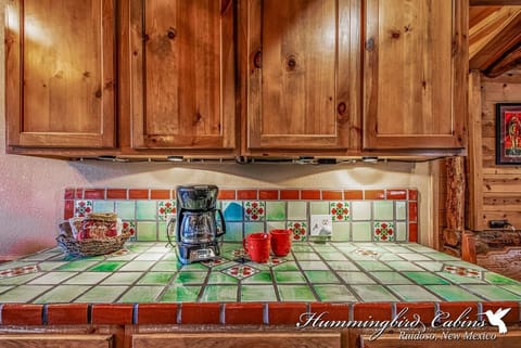 View of the colorful countertops in the kitchen