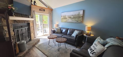 Comfy living room and fireplace.