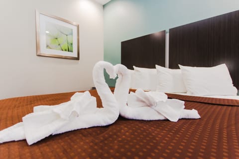 Down comforters, desk, laptop workspace, blackout drapes