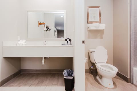 Combined shower/tub, deep soaking tub, free toiletries, towels