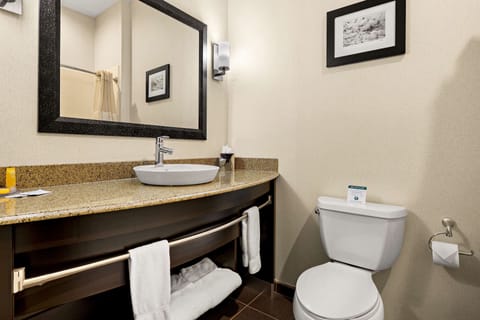 Combined shower/tub, free toiletries, hair dryer, towels