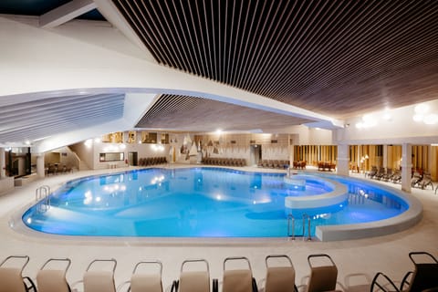 Indoor pool, outdoor pool, sun loungers
