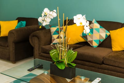 Luxury Apartment, Pool View | Living room | 50-inch flat-screen TV with cable channels, TV, DVD player
