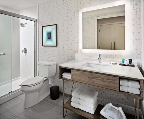 Combined shower/tub, rainfall showerhead, designer toiletries