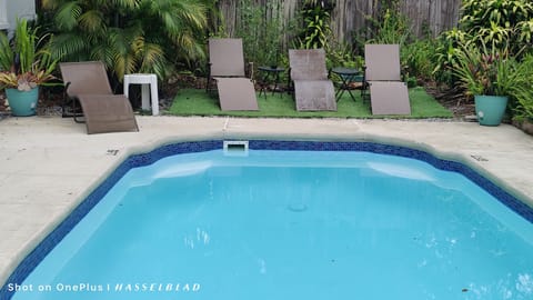 Sun loungers in the backyard by the pool