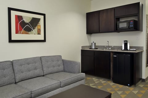 Desk, laptop workspace, blackout drapes, iron/ironing board