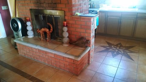 Living room fireplace and artful tiling design in kitchen floor.