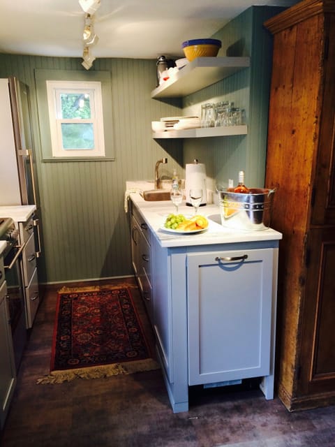 The new galley kitchen is ready for guests. Can you see the dishwasher?