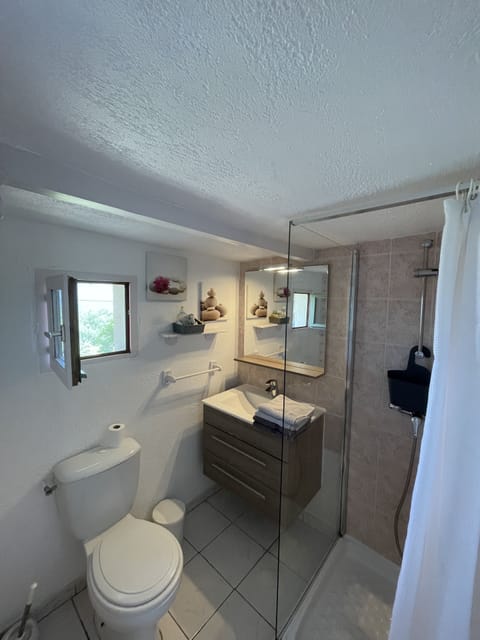 Shower, free toiletries, hair dryer, towels