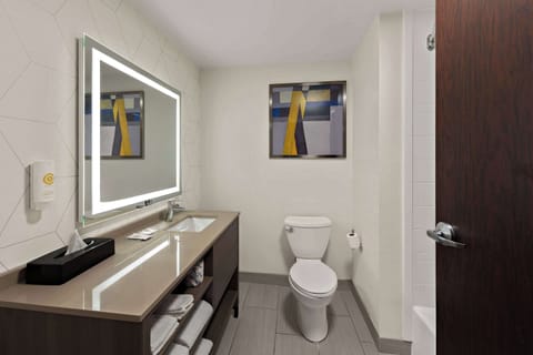 Bathtub, rainfall showerhead, free toiletries, hair dryer