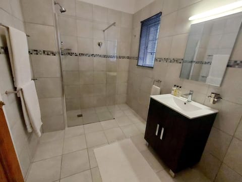 Shower, free toiletries, hair dryer, towels