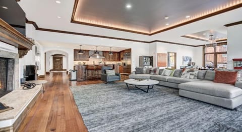 An inviting open-concept living area showcases a modern design with comfortable seating and a seamless flow into the gourmet kitchen.