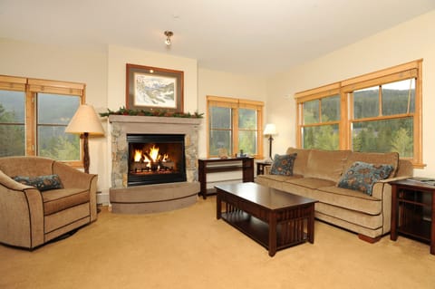 Relax in the cozy living area, complete with fireplace