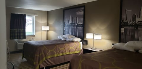 Desk, laptop workspace, blackout drapes, soundproofing