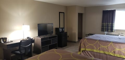 Desk, laptop workspace, blackout drapes, soundproofing