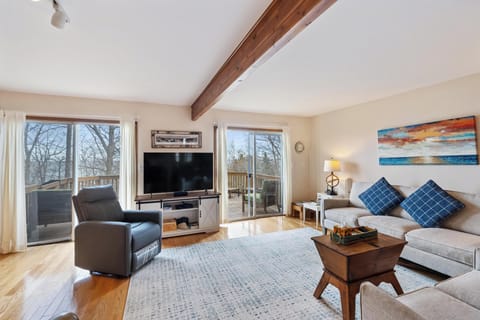 Living Room with elevated walkout deck and wood burning stove.