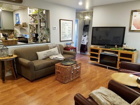living room large TV with an electric fire place