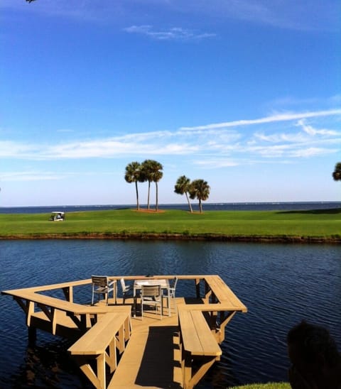 view from upper deck of golf course and the bay