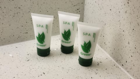 Combined shower/tub, free toiletries, hair dryer, towels