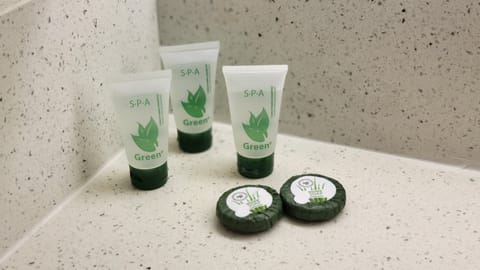 Combined shower/tub, free toiletries, hair dryer, towels