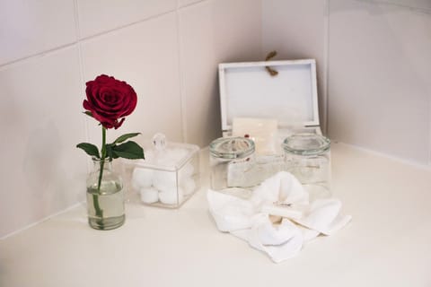 Hair dryer, towels, soap, shampoo