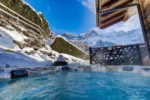 Beautiful views of Aiguille du Midi and Mont Blanc from the hot tub