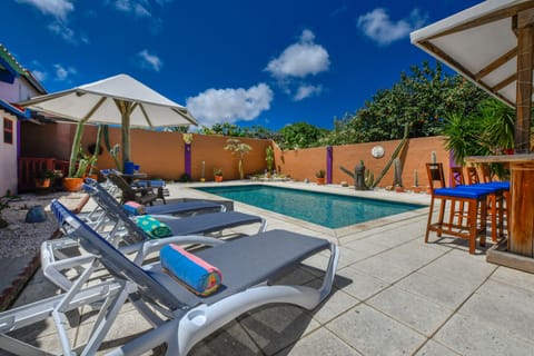 Great size pool with bar and palapa shade umbrella. 
