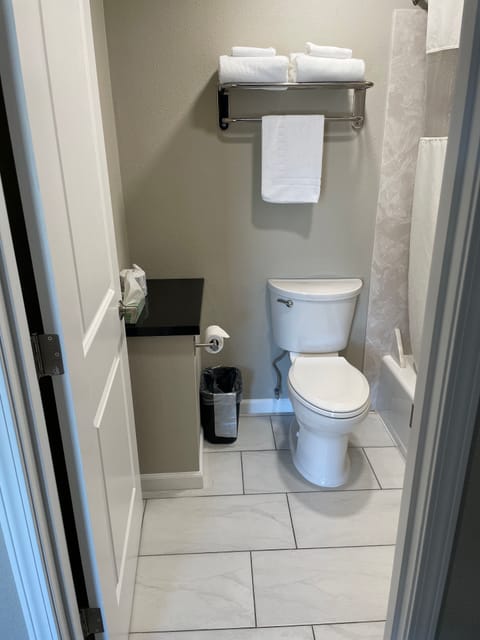 Combined shower/tub, towels