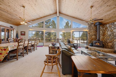 High vaulted ceilings offer plenty of natural light in the great room