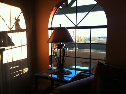  The window looking out on our patio as the the sun is rising casting shadows.
