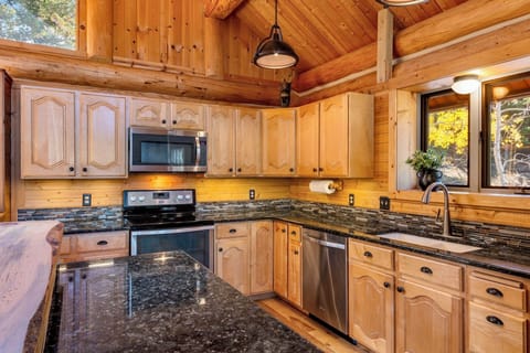 Granite countertops with stainless steel appliances. Electric stove.