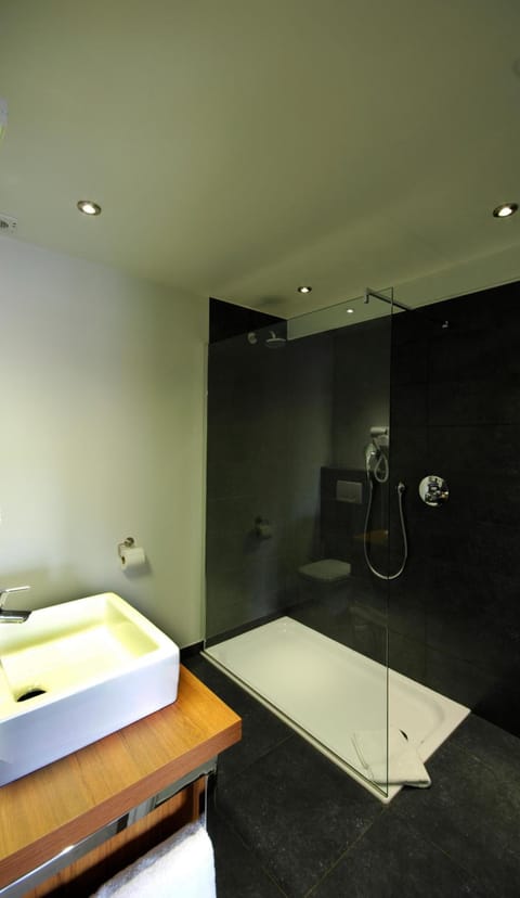 Shower, rainfall showerhead, free toiletries, hair dryer