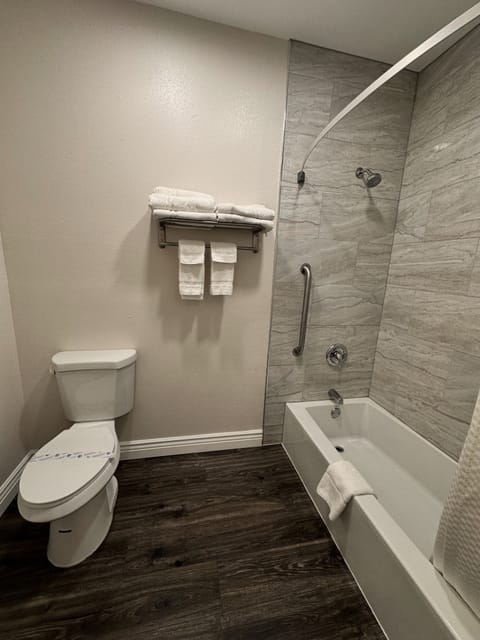 Combined shower/tub, deep soaking tub, free toiletries, hair dryer