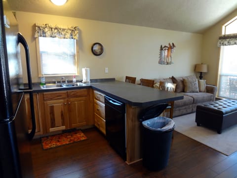 kitchen equipped with dishwasher, full size frig, full size range and microwave