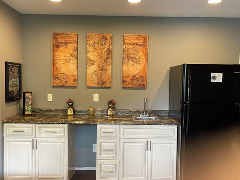 Bottom floor with wet bar and refrigerator