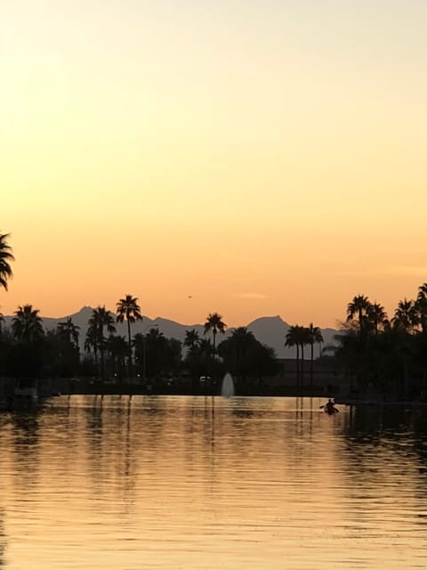 Our view down the lake at sunset, enjoy a relaxing canoe ride!