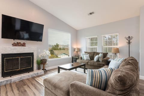 Living room w/ wood burning fireplace