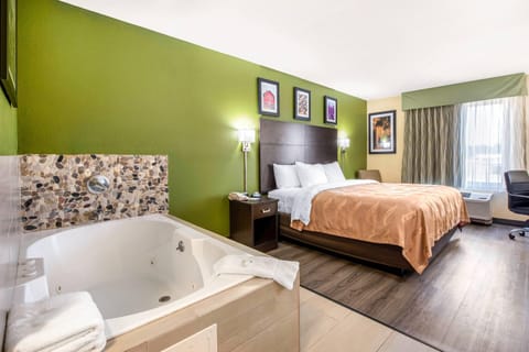 Hypo-allergenic bedding, desk, laptop workspace, blackout drapes