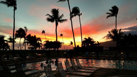 A spectacular sunset viewed from the pool