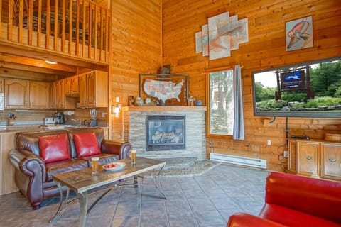 The living room is equipped with a gas fireplace.