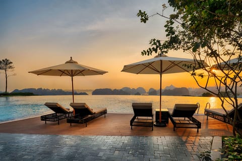 Indoor pool, outdoor pool, pool umbrellas, sun loungers
