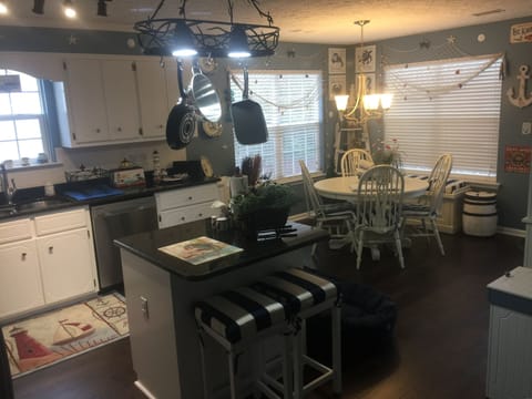 Nautical themed kitchen and breakfast room. Very well provisioned. Alexa enabled