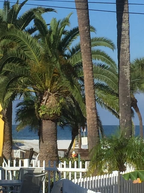 View of beach and ocean from fromt room of house.