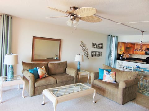 The living room couch pulls out to a full size bed.